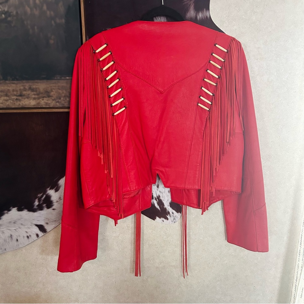 Pioneer Wear Vintage Red Fringe Leather Western Jacket - Picture 3 of 3